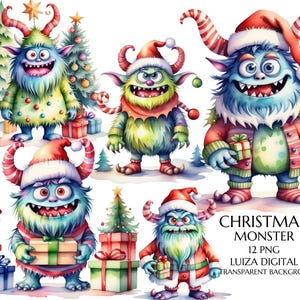 Clipart di mostri invernali ad acquerello, 12 clipart di mostri natalizi in formato PNG, clipart di mostri di compleanno, clipart fantasy, uso commerciale, sublimazione