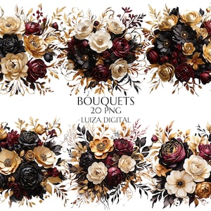 Fleurs noires, dorées et bordeaux PNG, bouquets de cliparts floraux aquarelles, éléments, usage Commercial, clipart numérique PNG