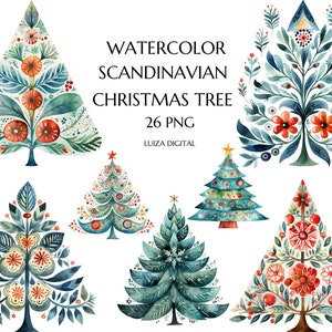 Clipart di albero di Natale scandinavo, PNG di albero di Natale popolare ad acquerello, Clipart di Natale nordico, Clipart di arte popolare natalizia, Clipart Hygge