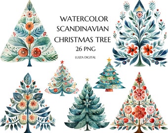 Skandinavische Weihnachtsbaum Clipart, Aquarell Folk Weihnachtsbaum PNG, Skandinavische Weihnachtscliparts, Weihnachten Volkskunst Clipart, Hygge Clipart