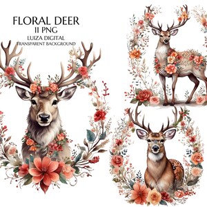 Aquarell Blumen Hirsch Clipart, Boho Waldtiere Clipart, Aquarell Frühling Rentier Clipart, Baby-Dusche, Wildblumen Hirsch PNG