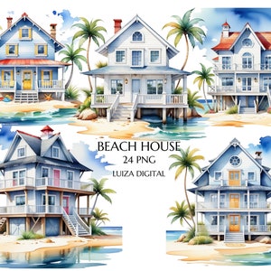 Beach Hut Clipart, 24 PNG Watercolour Images of Seaside Beach Huts, Beach House Clipart, Transparent Background, Commercial Use, Sublimation