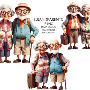 Nonni, Pacchetto clipart di coppia di anziani in viaggio, Anziana signora e anziano PNG, Regali di viaggio per nonni, PNG estivi, Uso commerciale, Creazione di biglietti