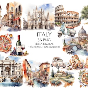 Watercolor Italian Clipart, Italian Aesthetic, Italian Sceneries, Architecture Clipart, Olive Branch, Grapes, Pizza Clipart, Scrapbooking