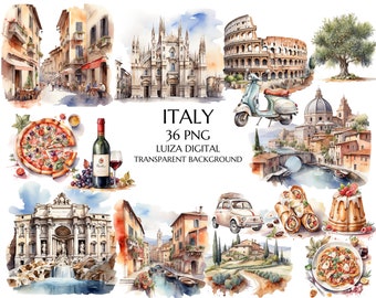 Aquarell italienische Clipart, italienische Ästhetik, italienische Landschaften, Architektur Clipart, Olivenzweig, Trauben, Pizza Clipart, Scrapbooking