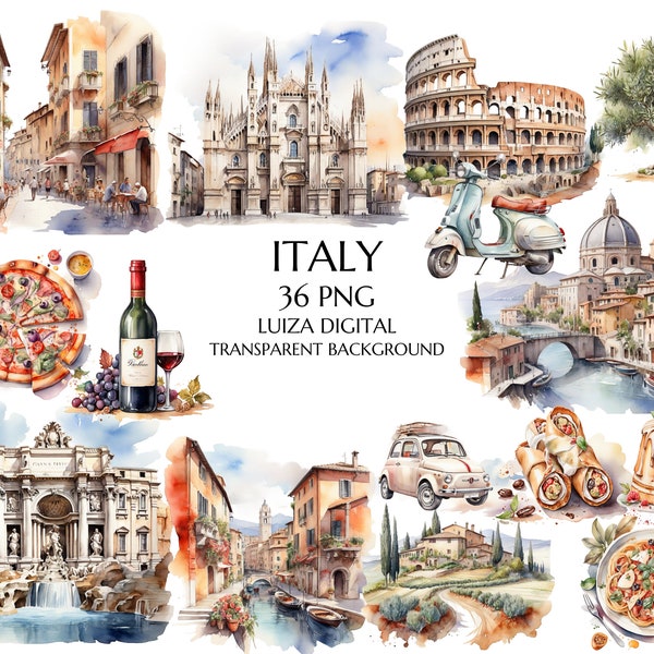 Watercolor Italian Clipart, Italian Aesthetic, Italian Sceneries, Architecture Clipart, Olive Branch, Grapes, Pizza Clipart, Scrapbooking