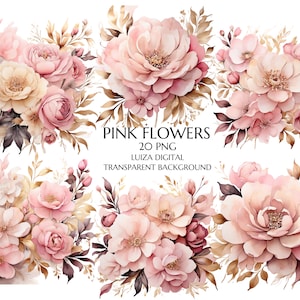 Roze en gouden bloemen PNG, aquarel bloemen clipart boeketten, bruiloft elementen, premade clipart, commercieel gebruik, digitale clipart png