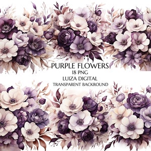 Flores roxas e brancas PNG, Buquês de clipart floral aquarela, Flores de casamento clipart dourado floral png, Uso comercial, clipart digital