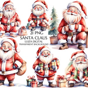 Clipart di Babbo Natale divertente ad acquerello, png natalizio, clipart di caffè, sublimazione natalizia, creazione di biglietti di Natale, uso commerciale, digitale