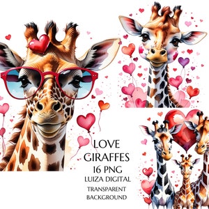 Bundle de cliparts aquarelle girafe de la Saint-Valentin, bébé girafe PNG, Clipart floral girafe, animaux de la jungle, décoration de chambre d'enfant Safari, Shower de bébé PNG