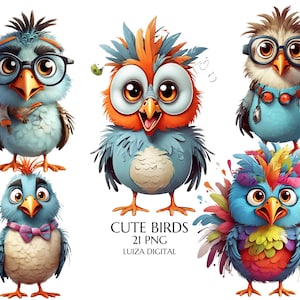 Paquete de imágenes prediseñadas de pájaros divertidos, paquete de imágenes prediseñadas de pájaros lindos y divertidos, imágenes prediseñadas de pájaros de acuarela, imágenes prediseñadas de animales divertidos, descarga digital para uso comercial