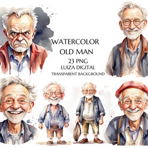 Clipart di un vecchio divertente ad acquerello, PNG di un nonno divertente, Clipart di un nonno scontroso, Nonno divertente dei cartoni animati, Sublimazione, Download digitale