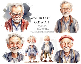 Watercolor Funny Old Man Clipart, Funny Grandfather Png, Grumpy Grandpa Clipart, Cartoon Funny Grandfather, Sublimation, Digital download