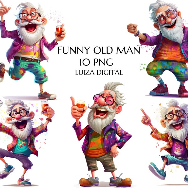 Crazy Old Man Clipart PNG,  Hippie Grandpa, Funny Drunk Old Man, Happy Man Clipart, Cartoon Drunk Grandfather, Cheerful Grandfather Clipart