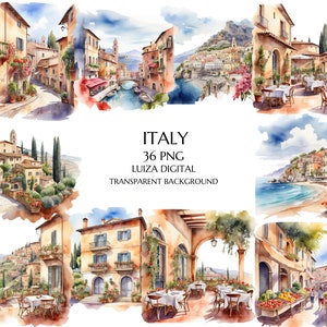 Watercolor Italian Clipart, Italian Aesthetic, Italian Sceneries, Architecture Clipart, Olive Branch, Grapes, Pizza Clipart, Scrapbooking
