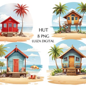Beach Hut Clipart, 8 PNG Watercolour Images of Seaside Beach Huts, Beach House Clipart, Transparent Background, Commercial Use, Sublimation