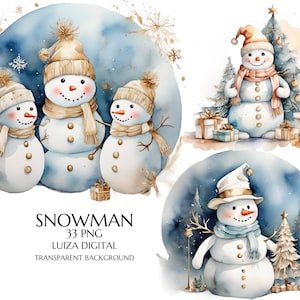 Snowman Clipart, Watercolor Blue and Gold Christmas Snowman Clipart, Christmas Tree, Gold Christmas, Holiday Invitation, Commercial Use