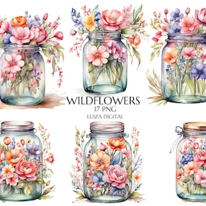 Watercolor Flowers in Jar Clipart - Watercolor Pink Wildflowers Clipart, Flower Digital Paper Craft, Glass jar Flower PNG Bouquet of Flowers