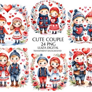 Clipart di arte popolare per bambini con acquerello per San Valentino, Clipart di illustrazioni di coppie di bambini scandinavi per San Valentino, Clipart di sublimazione di coppie innamorate in formato PNG