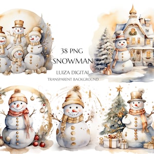 Aquarell weiß und Gold Weihnachten Schneemann Clipart, Pastell Weihnachtsbaum, Gold Weihnachten, Urlaub Einladung, Sublimation, kommerzielle Nutzung