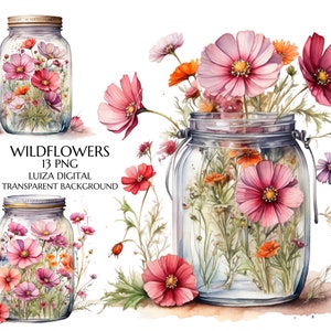 Flores em aquarela em jarra clipart - clipart de flores silvestres rosa aquarela, artesanato digital de papel com flores, jarra de vidro flor PNG buquê de flores