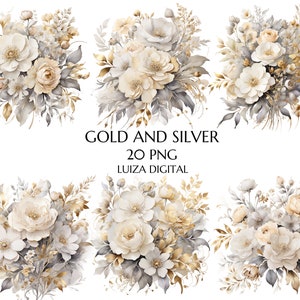 Silber und Gold Blumen PNG, Aquarell Blumen Clipart Blumensträuße, Hochzeit Clipart Blumen, Gold Blumen Png, kommerzielle Nutzung, digitale Clipart