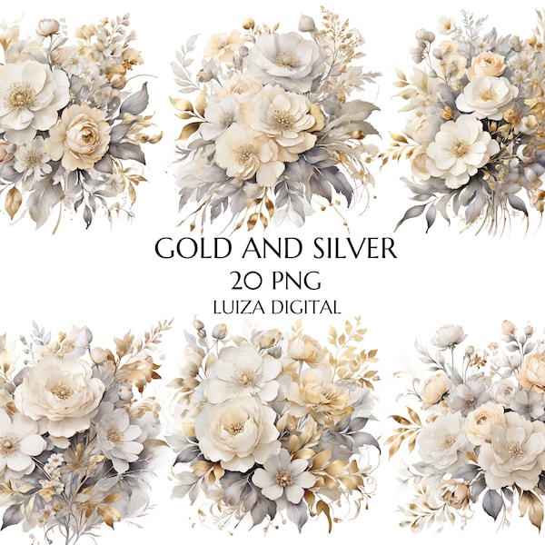 Silver and Gold Flowers PNG, Watercolor Floral Clipart Bouquets, Wedding Clipart Flowers, Gold Floral Png, Commercial Use, Digital clipart