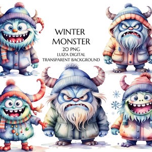 Clipart di mostri invernali, Clipart di mostri natalizi pastello da 20 PNG, Clipart di mostri di compleanno, Clipart fantasy, Uso commerciale, Sublimazione