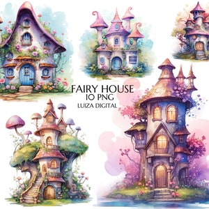 Clipart Pastel Fairy House, Clipart Magiczny Ogród Wróżek Akwarelowych, Clipart Dom Fantazji Grzyb Fantazji, Natychmiastowe Pobieranie Przedszkola