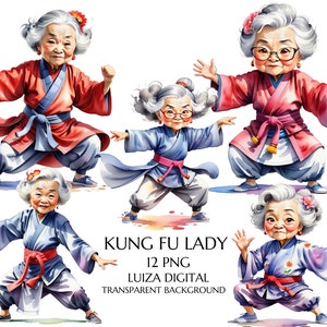 Abuela png, Clipart de anciana asiática, Anciana de kung fu png, Clipart de mujer peculiar, Abuela divertida de karate, Clipart de abuela feliz, Digital