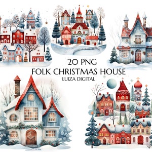 Clipart maison de Noël scandinave, aquarelle Noël folklorique PNG, Noël nordique, art folklorique de Noël Png, clipart Hygge, usage Commercial