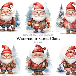 Watercolor Santa Claus Clipart, Christmas clipart, Xmas decor, Santa PNG, Kids Xmas, Winter Gnome clipart, Digital download, Commercial use