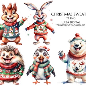 Pacchetto di clipart di animali natalizi in maglione, clipart di animali del bosco, clipart di maglione brutto natalizio, clipart di animali invernali, uso commerciale