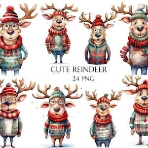 Clipart di renne natalizie, renne divertenti ad acquerello in formato PNG, renne in maglione in formato PNG, uso commerciale, diario di scarto, creazione di biglietti di Natale,