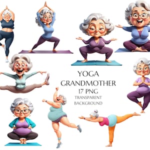 Clipart grand-mère yoga, aquarelle yoga drôle vieille dame Clipart, drôle de remise en forme grand-mère Png, clipart femme heureuse, clipart grand-mère heureuse