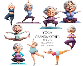 Yoga Grandmother clipart, Watercolor Funny Yoga Old Lady Clipart, Funny Fitness Grandmother Png, Happy Woman Clipart, Happy Granny Clipart