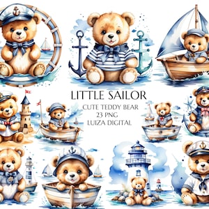 Süße Sailor Teddybär Clipart, Nautische Kindergarten Clipart, Baby Teddybär, Strand Clipart, Ozean Clipart, Meer PNG, Leuchtturm, kommerzielle Nutzung