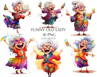 Funny Old Ladies Clipart, Funny Drunk Old Lady, Happy Woman Clipart, Cartoon Woman Drunk Grandmother, Cheerful Granny Clipart, Hippie Gradma