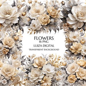 Silver and Gold Flowers PNG, Watercolor Floral Clipart Bouquets, Wedding Flowers Clipart Gold Floral Png, Commercial Use, Digital clipart