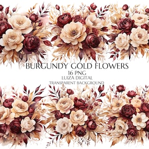 Bourgondische en gouden bloemen PNG, aquarel Bourgondische boeketten clipart, bruiloft bloemen clipart gouden bloemen png, commercieel gebruik, digitale png