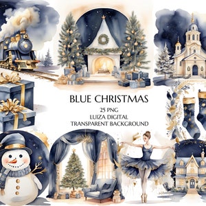 Watercolor Blue & Gold Christmas Clipart Bundle, Golden Snowman Clipart, Christmas Porch, Christmas Sublimation, Instant Download