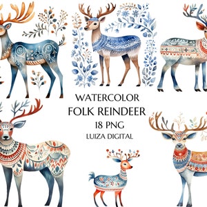Clipart di renne natalizie scandinave, PNG di renne natalizie popolari acquerellate, Clipart di Natale nordico, Arte popolare natalizia Uso commerciale