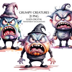 Grumpy Monster Clipart, 21 PNG Enemy Clipart, Bambini Halloween PNG, Fantasy Clipart, Asilo nido PNG, Decorazioni di compleanno, Sublimazione commerciale