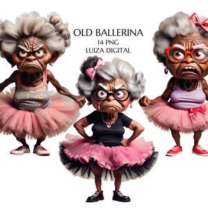 Abuela png, Clipart de bailarina negra gruñona, Clipart de abuela gruñona con tutú, Divertida anciana africana png, Regalo para madre, Decoración de cumpleaños
