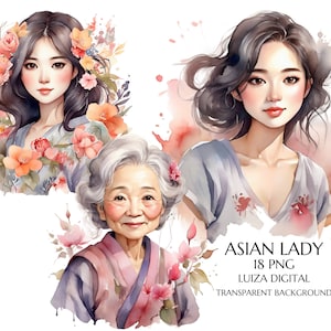 Clipart de anciana asiática en acuarela, anciana divertida PNG, clipart de mujer peculiar, abuela divertida de dibujos animados, clipart de abuela feliz, digital