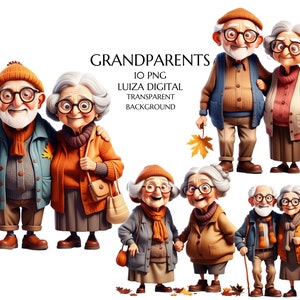 Cartoon Großeltern png, nettes altes glückliches Paar Clipart, alte Dame und alter Mann, Herbst romantische Großeltern, digitaler Download kommerzielle Nutzung