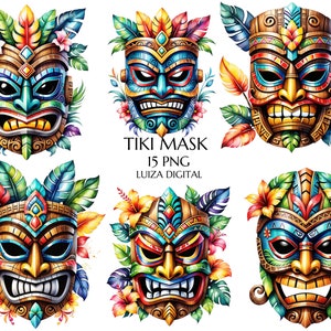 Máscara tiki de acuarela, clipart tiki floral hawaiano, clipart de isla tropical de surf, sublimación de Hawái, uso comercial, digital