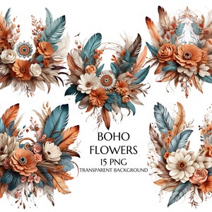 Boho bloemen clipart, boho boeket clipart, weide bloemen clipart, boho bloemen met veren boeket, bloemen png, commercieel gebruik,