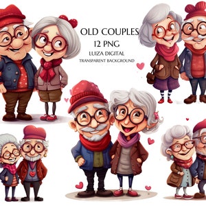 Süßes glückliches Paar Clipart, alte Dame und alter Mann, Cartoon Oma und Opa, Geschenk für romantische Großeltern, Valentinstag Paar png