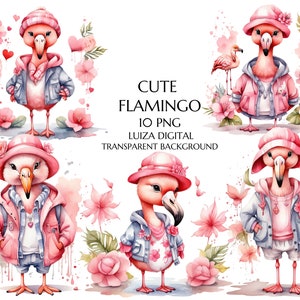Watercolor Cute Flamingo Clipart - tropical birds with flowers and leaves in PNG format instant download for commercial use